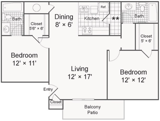 floor plan image of the two bedroom apartment at The Starburst Apartments