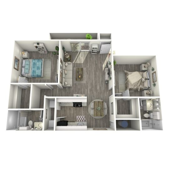 a 3d rendering of a two bedroom apartment at The Starburst Apartments